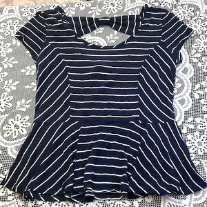 Chelsea & Theodore, Navy Blue Peplum Top w/White Stripes and Bow in Back, Size M